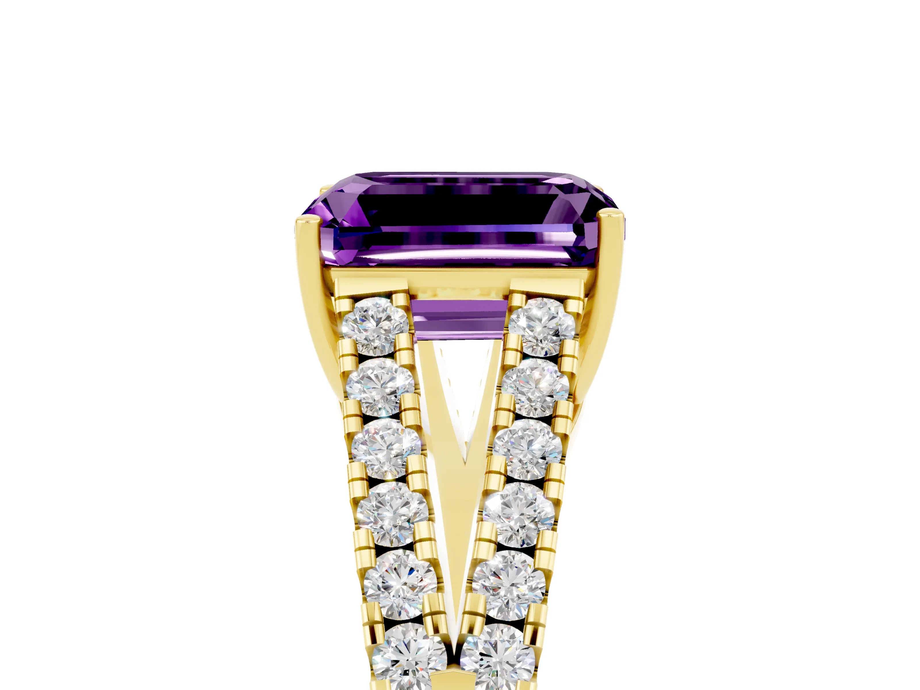 Yellow gold Emerald Cut Amethyst Split Shank Pavé Engagement Ring with Four-Prong Setting_17