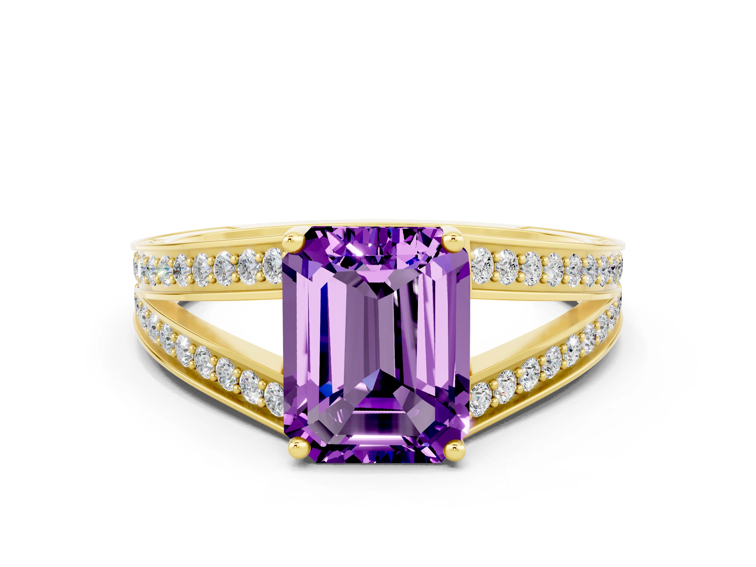 Yellow gold Emerald Cut Amethyst Split Shank Ring with Pavé Band and Four-Prong Setting