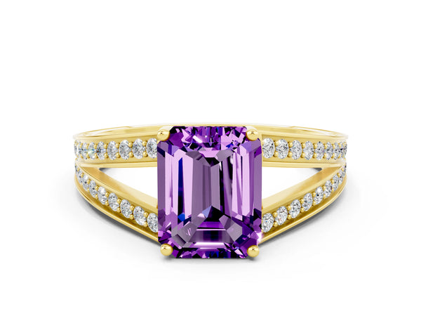 Yellow gold Emerald Cut Amethyst Split Shank Ring with Pavé Band and Four-Prong Setting