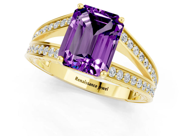 Yellow gold Emerald Cut Amethyst Split Shank Ring with Pavé Band and Four-Prong Setting