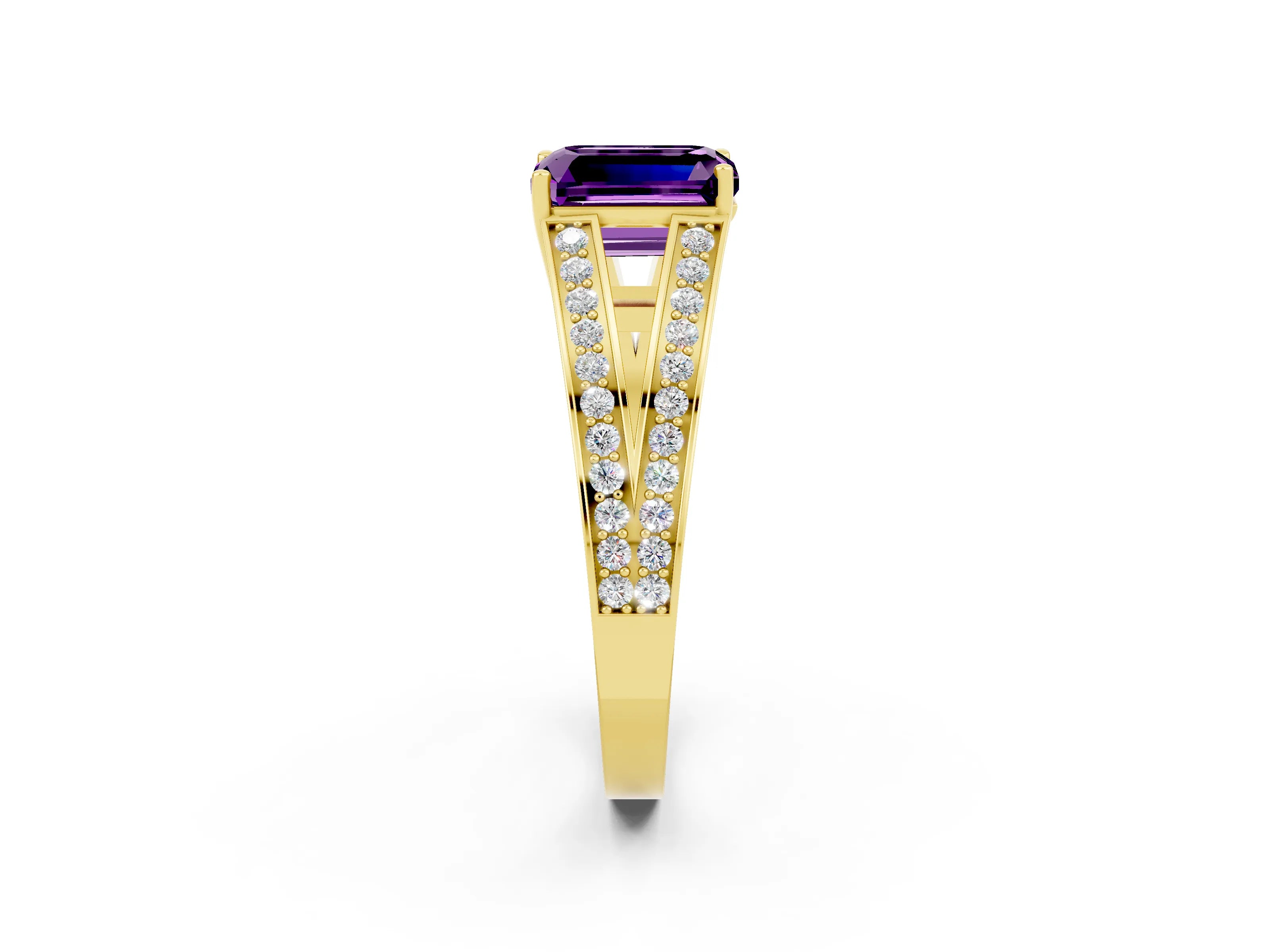 Yellow gold Emerald Cut Amethyst Split Shank Ring with Pavé Band and Four-Prong Setting_2