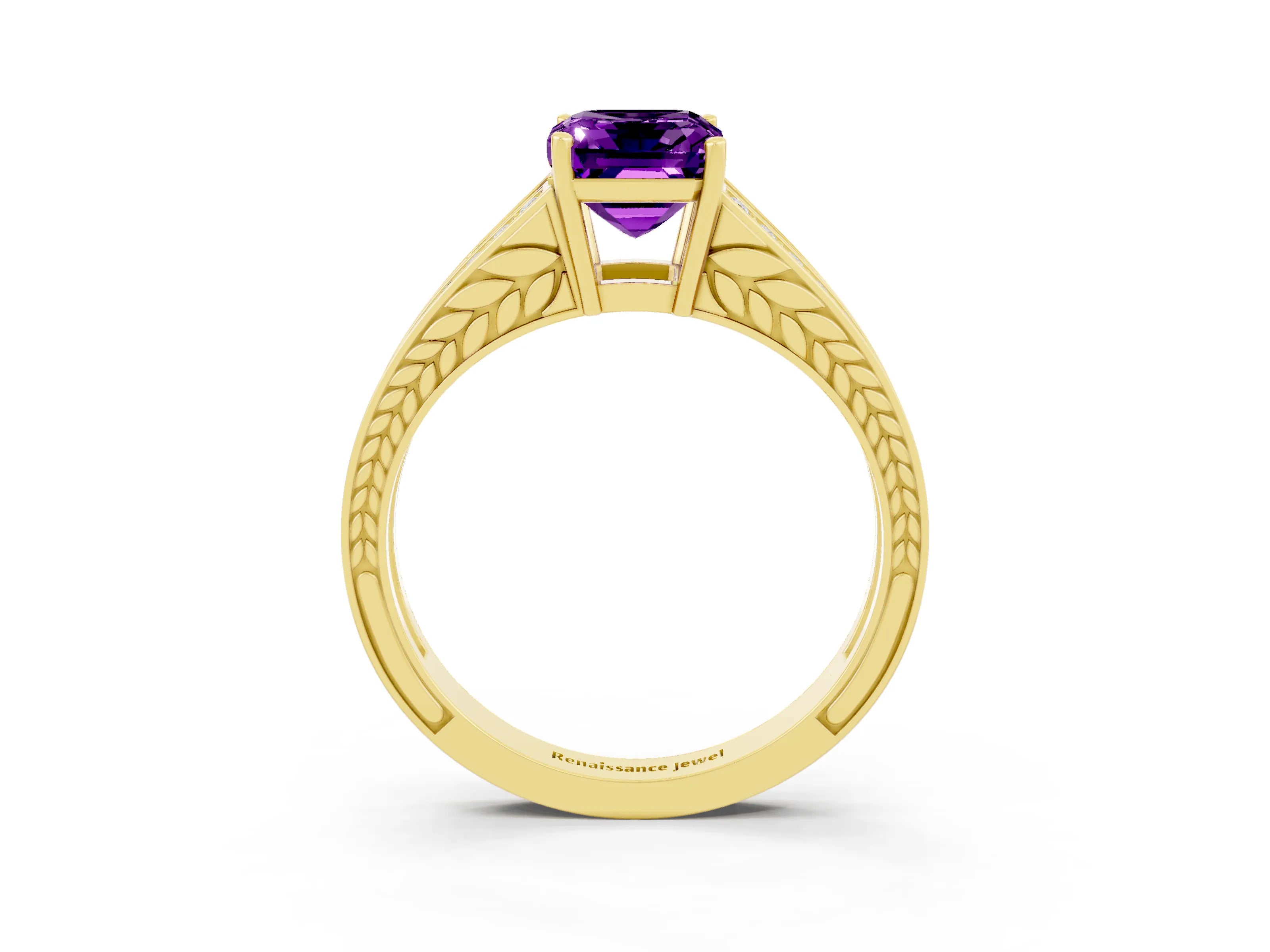 Yellow gold Emerald Cut Amethyst Split Shank Ring with Pavé Band and Four-Prong Setting_3