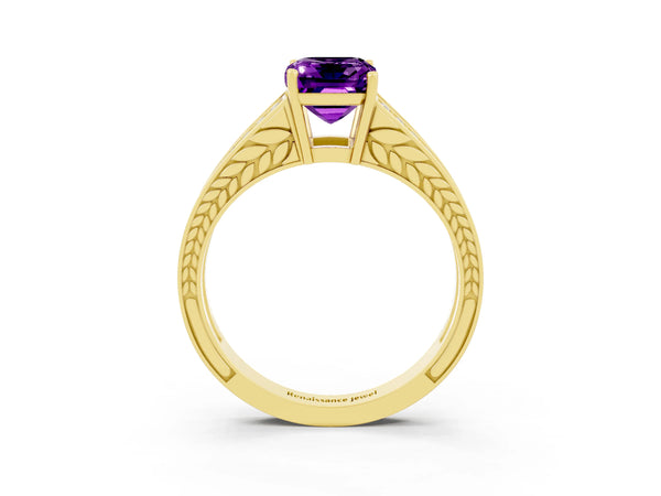Yellow gold Emerald Cut Amethyst Split Shank Ring with Pavé Band and Four-Prong Setting