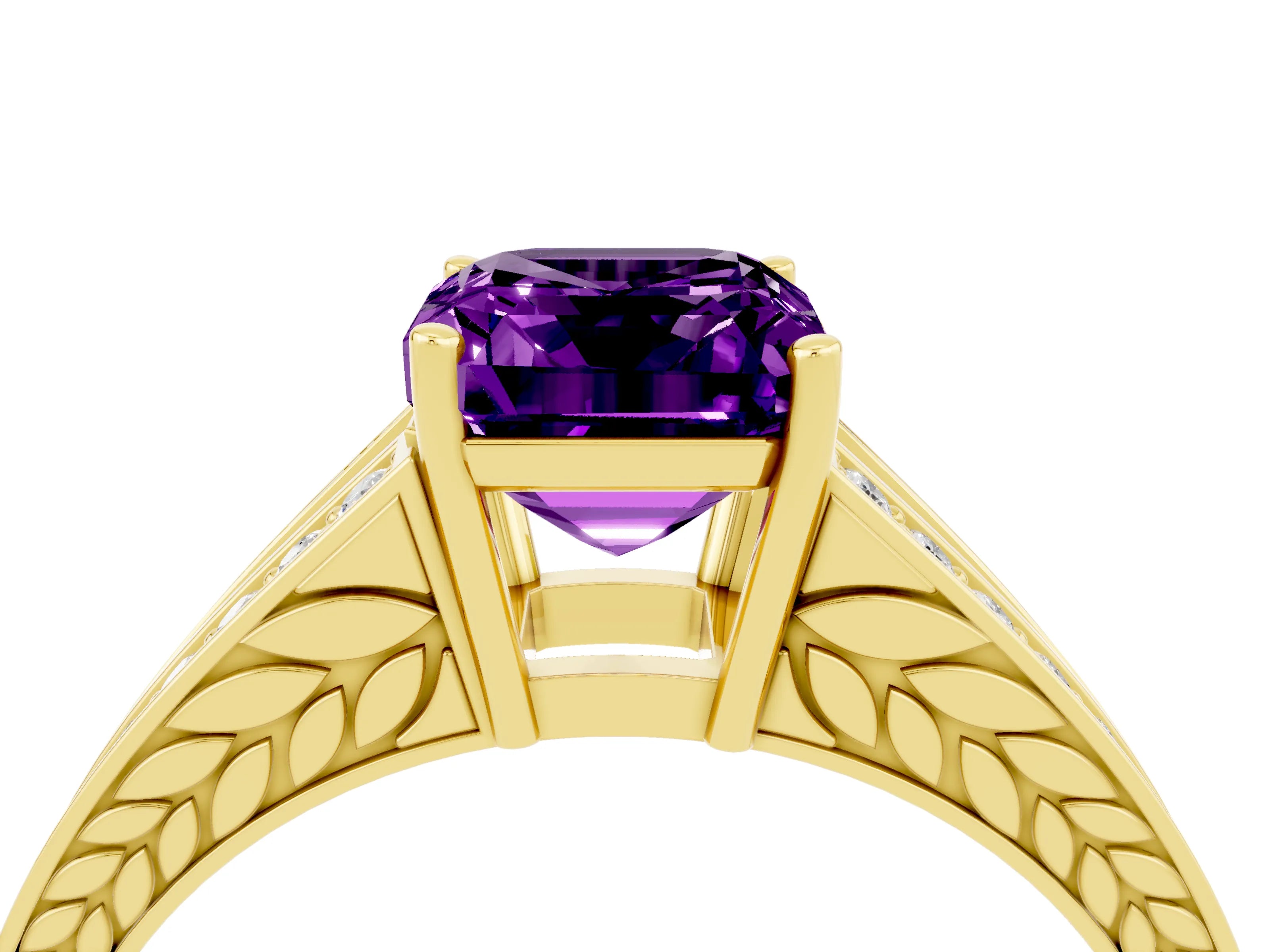 Yellow gold Emerald Cut Amethyst Split Shank Ring with Pavé Band and Four-Prong Setting_4