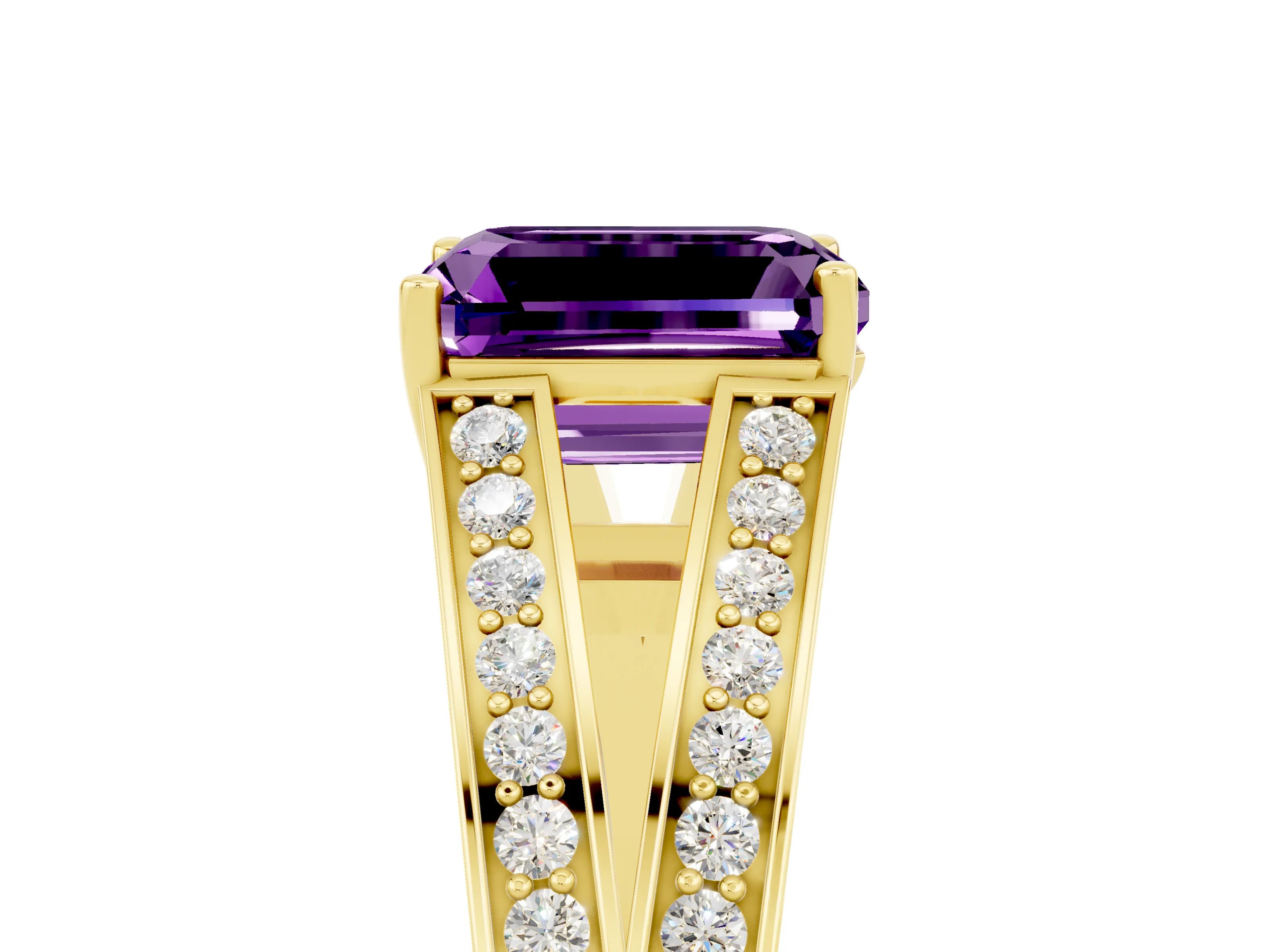 Yellow gold Emerald Cut Amethyst Split Shank Ring with Pavé Band and Four-Prong Setting_5