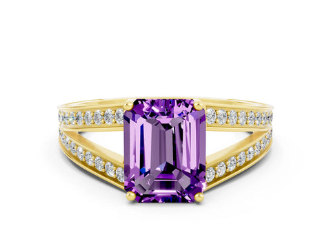 Yellow gold Emerald Cut Amethyst Split Shank Ring with Pavé Band and Four-Prong Setting