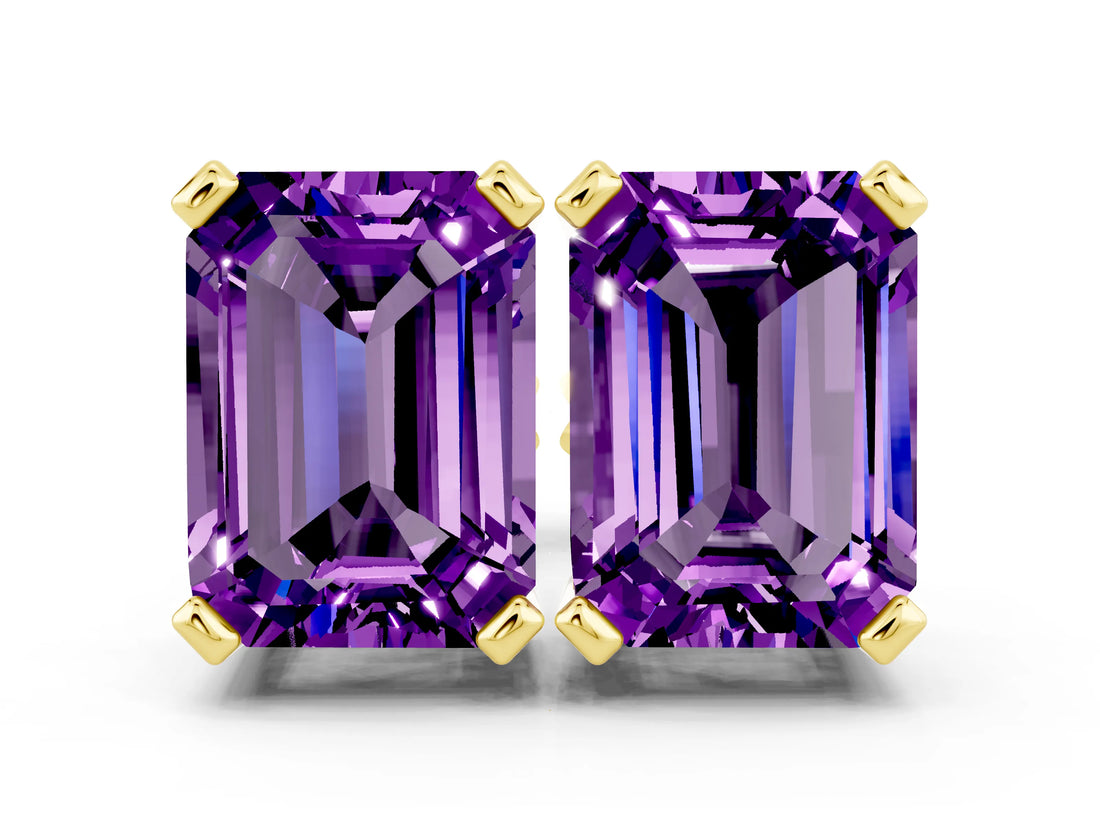 Yellow gold Emerald Cut Amethyst Stud Earrings_18