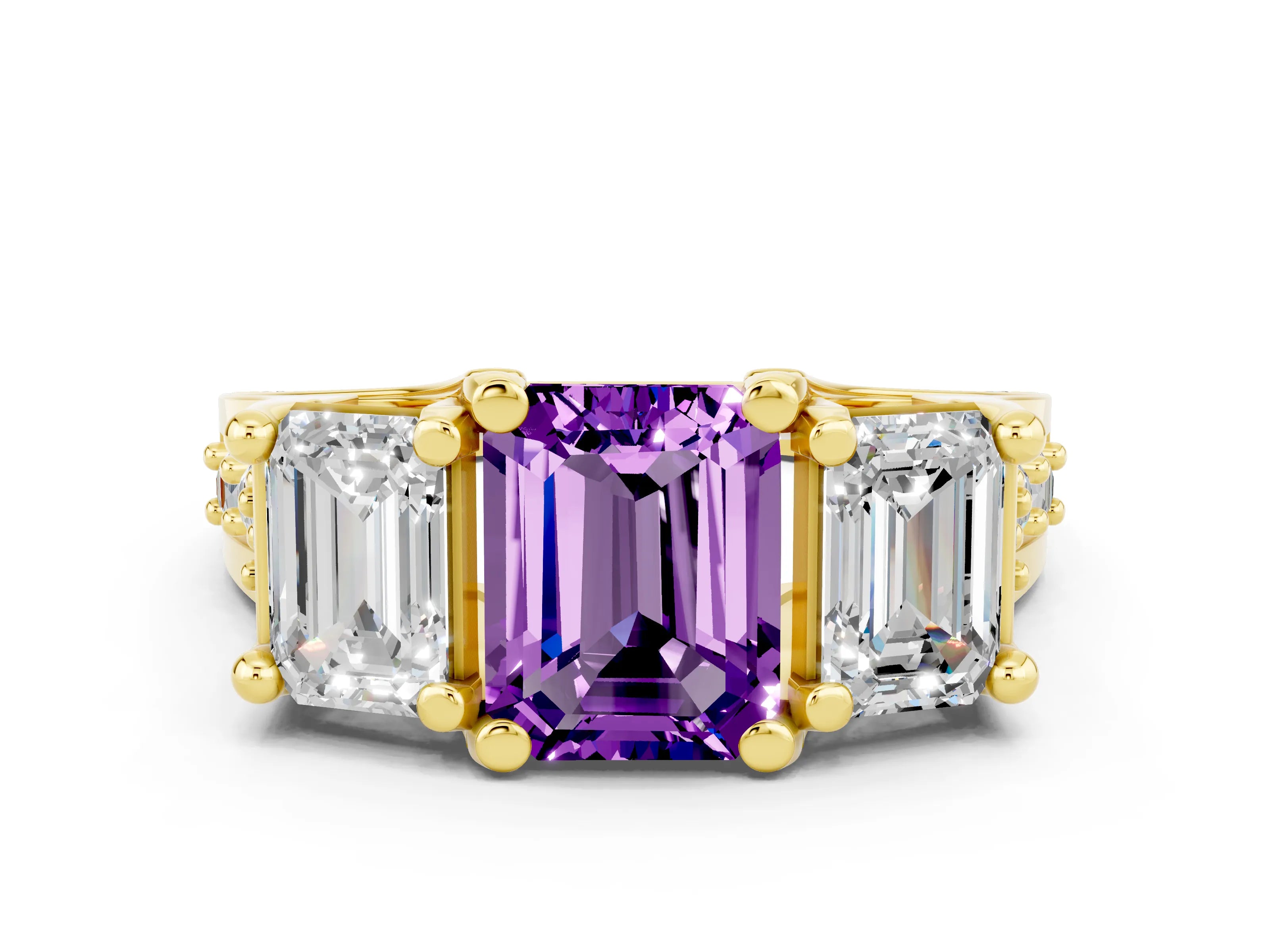 Yellow gold Emerald Cut Amethyst Three-Stone Ring with Channel Set Band and Four-Prong Setting