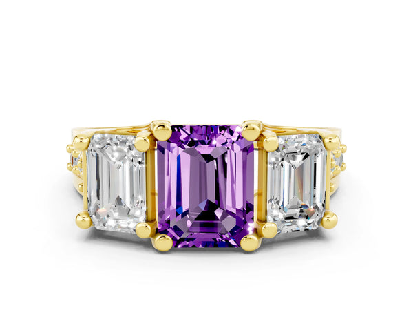 Yellow gold Emerald Cut Amethyst Three-Stone Ring with Channel Set Band and Four-Prong Setting