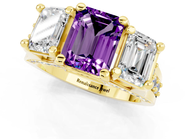Yellow gold Emerald Cut Amethyst Three-Stone Ring with Channel Set Band and Four-Prong Setting