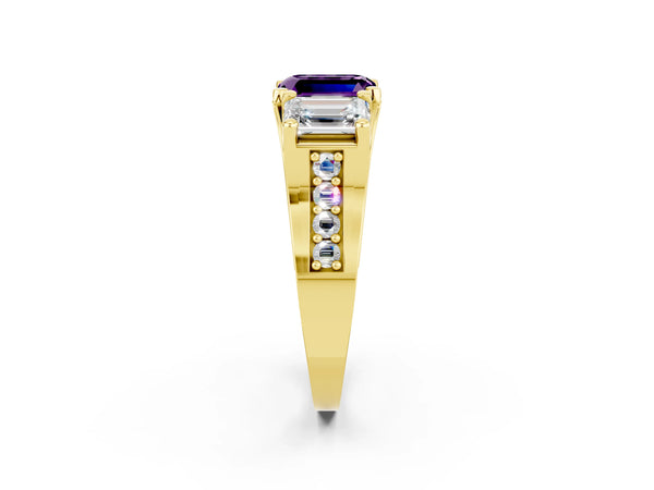 Yellow gold Emerald Cut Amethyst Three-Stone Ring with Channel Set Band and Four-Prong Setting