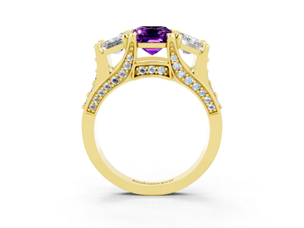 Yellow gold Emerald Cut Amethyst Three-Stone Ring with Channel Set Band and Four-Prong Setting