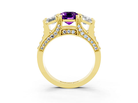 Yellow gold Emerald Cut Amethyst Three-Stone Ring with Channel Set Band and Four-Prong Setting_3
