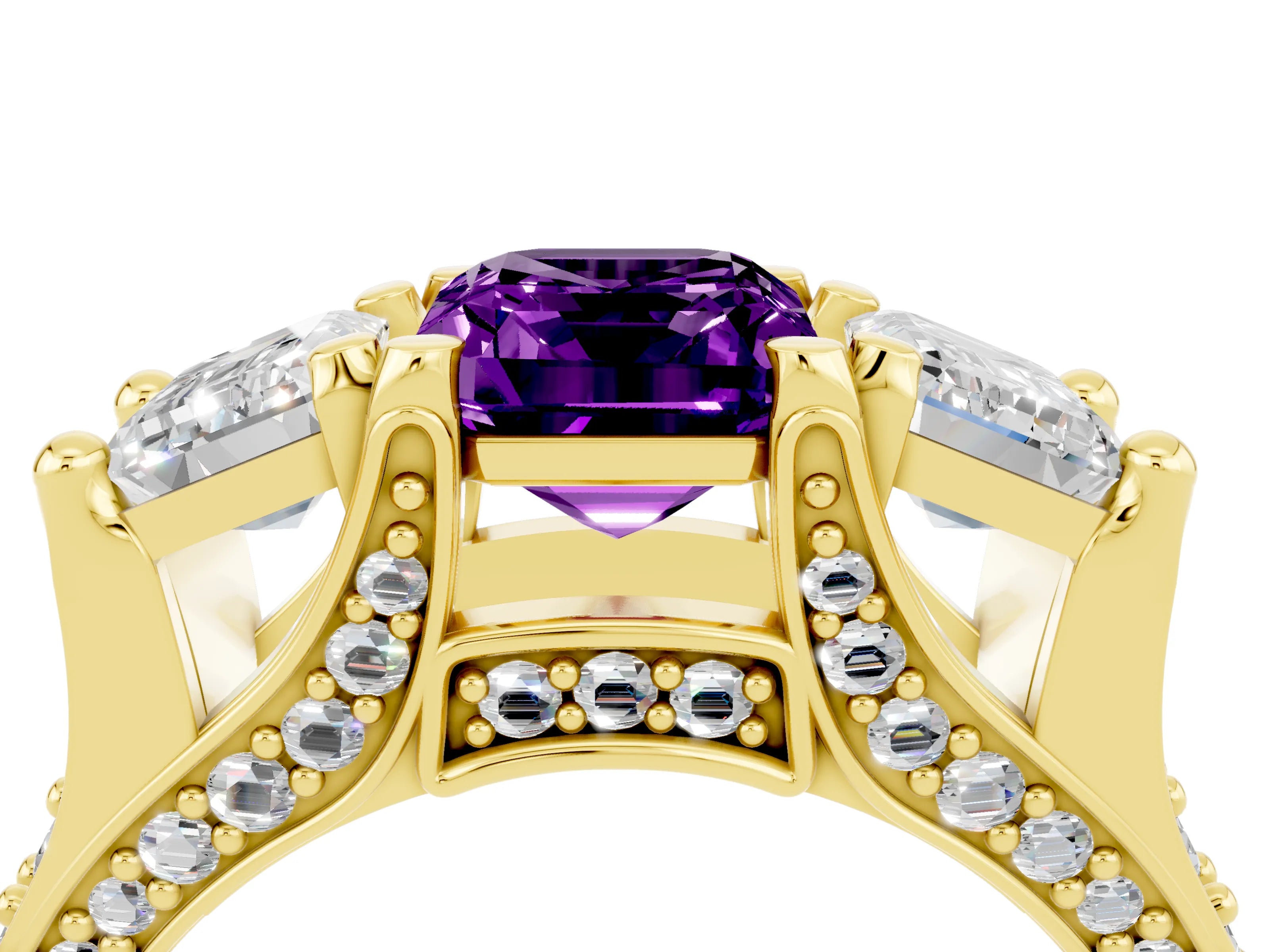 Yellow gold Emerald Cut Amethyst Three-Stone Ring with Channel Set Band and Four-Prong Setting_4