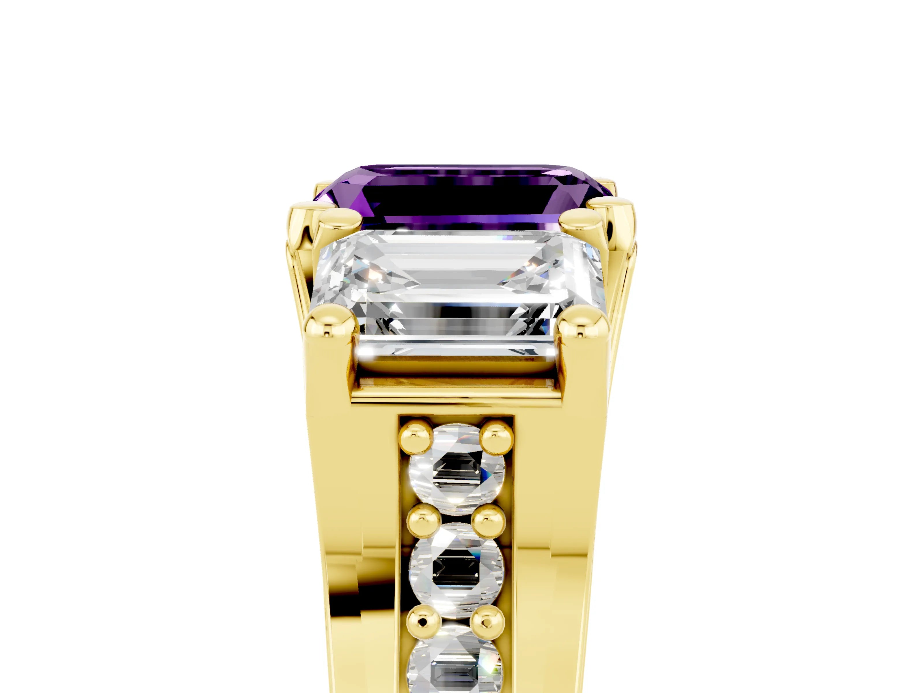 Yellow gold Emerald Cut Amethyst Three-Stone Ring with Channel Set Band and Four-Prong Setting_5