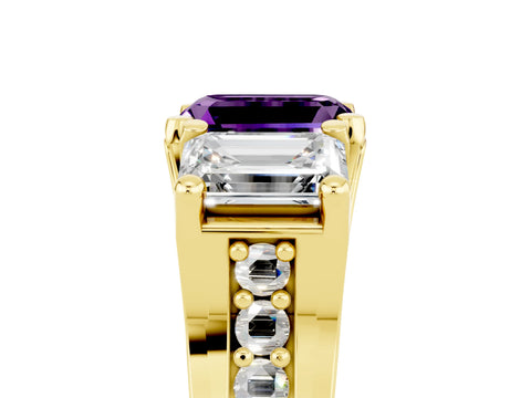 Yellow gold Emerald Cut Amethyst Three-Stone Ring with Channel Set Band and Four-Prong Setting_5