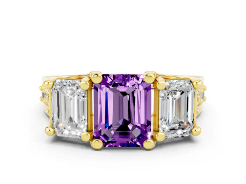 Yellow gold Emerald Cut Amethyst Three-Stone Ring with Channel Set Band and Four-Prong Setting