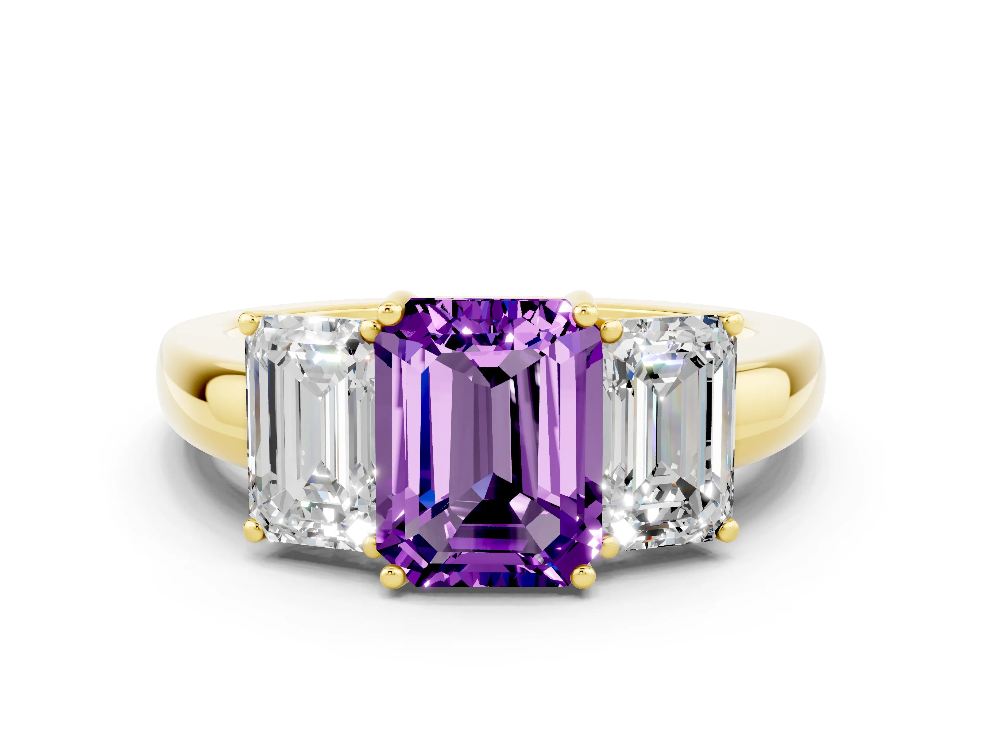 Yellow gold Emerald Cut Amethyst Three-Stone Ring with Four-Prong Setting and Classic Band