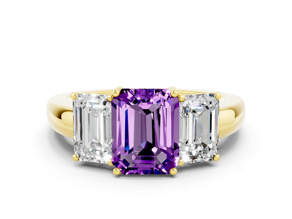 Yellow gold Emerald Cut Amethyst Three-Stone Ring with Four-Prong Setting and Classic Band