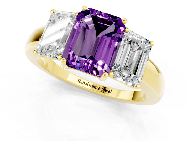 Yellow gold Emerald Cut Amethyst Three-Stone Ring with Four-Prong Setting and Classic Band