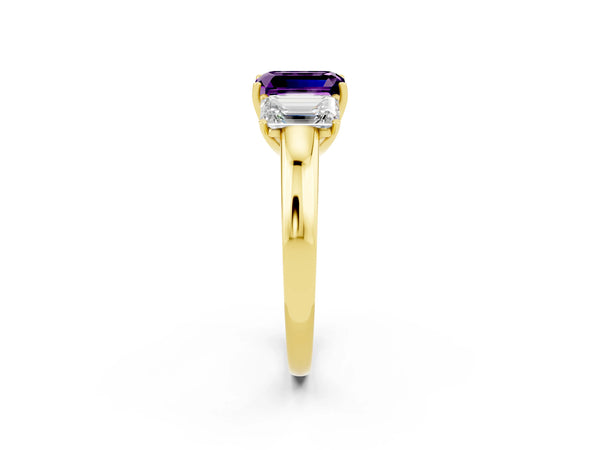 Yellow gold Emerald Cut Amethyst Three-Stone Ring with Four-Prong Setting and Classic Band