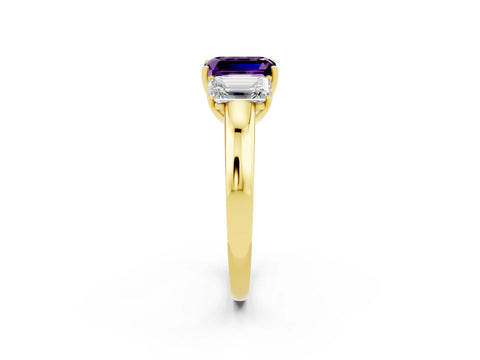 Yellow gold Emerald Cut Amethyst Three-Stone Ring with Four-Prong Setting and Classic Band_2