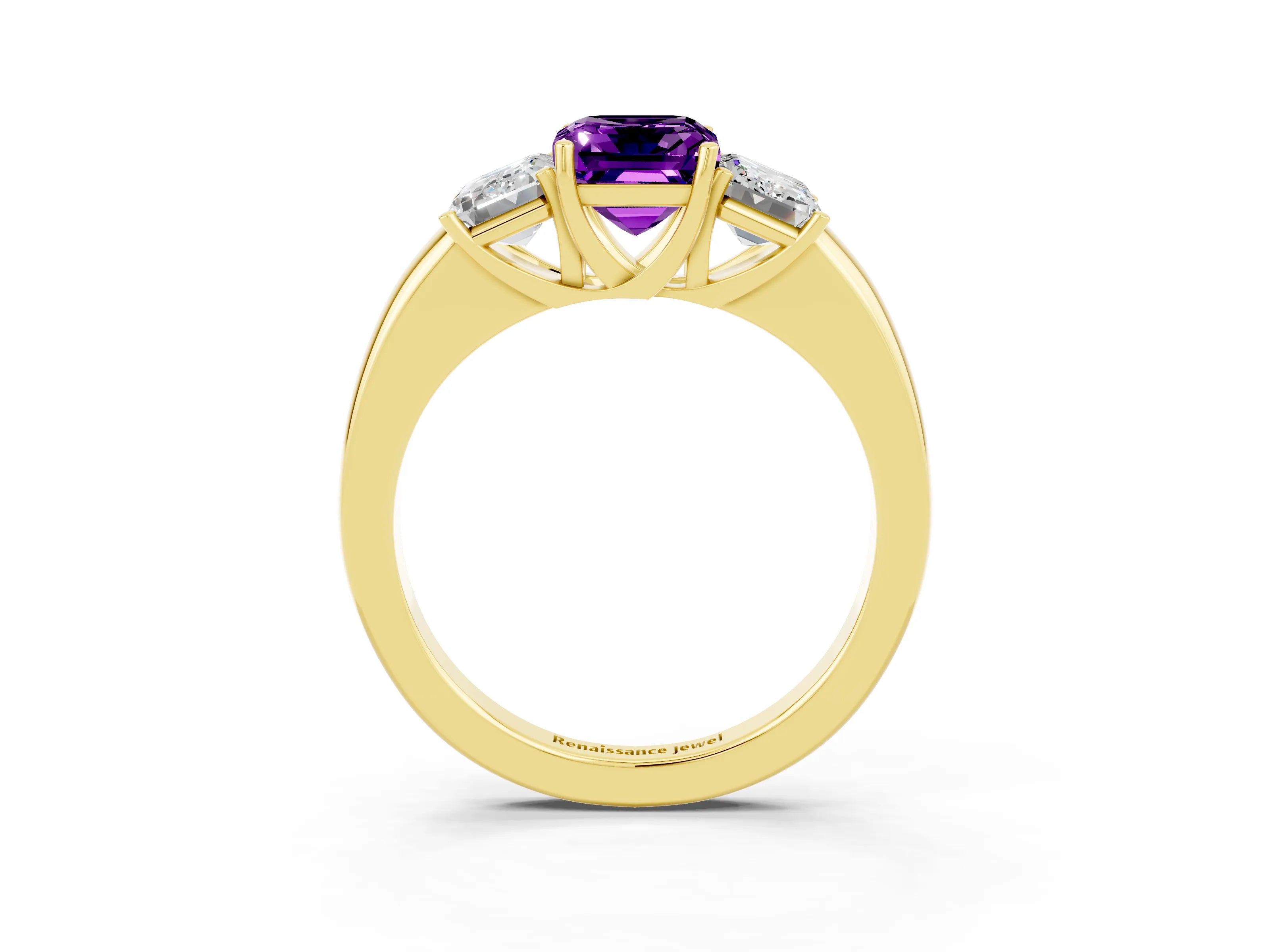 Yellow gold Emerald Cut Amethyst Three-Stone Ring with Four-Prong Setting and Classic Band_3