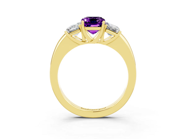 Yellow gold Emerald Cut Amethyst Three-Stone Ring with Four-Prong Setting and Classic Band