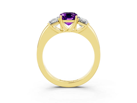 Yellow gold Emerald Cut Amethyst Three-Stone Ring with Four-Prong Setting and Classic Band_3