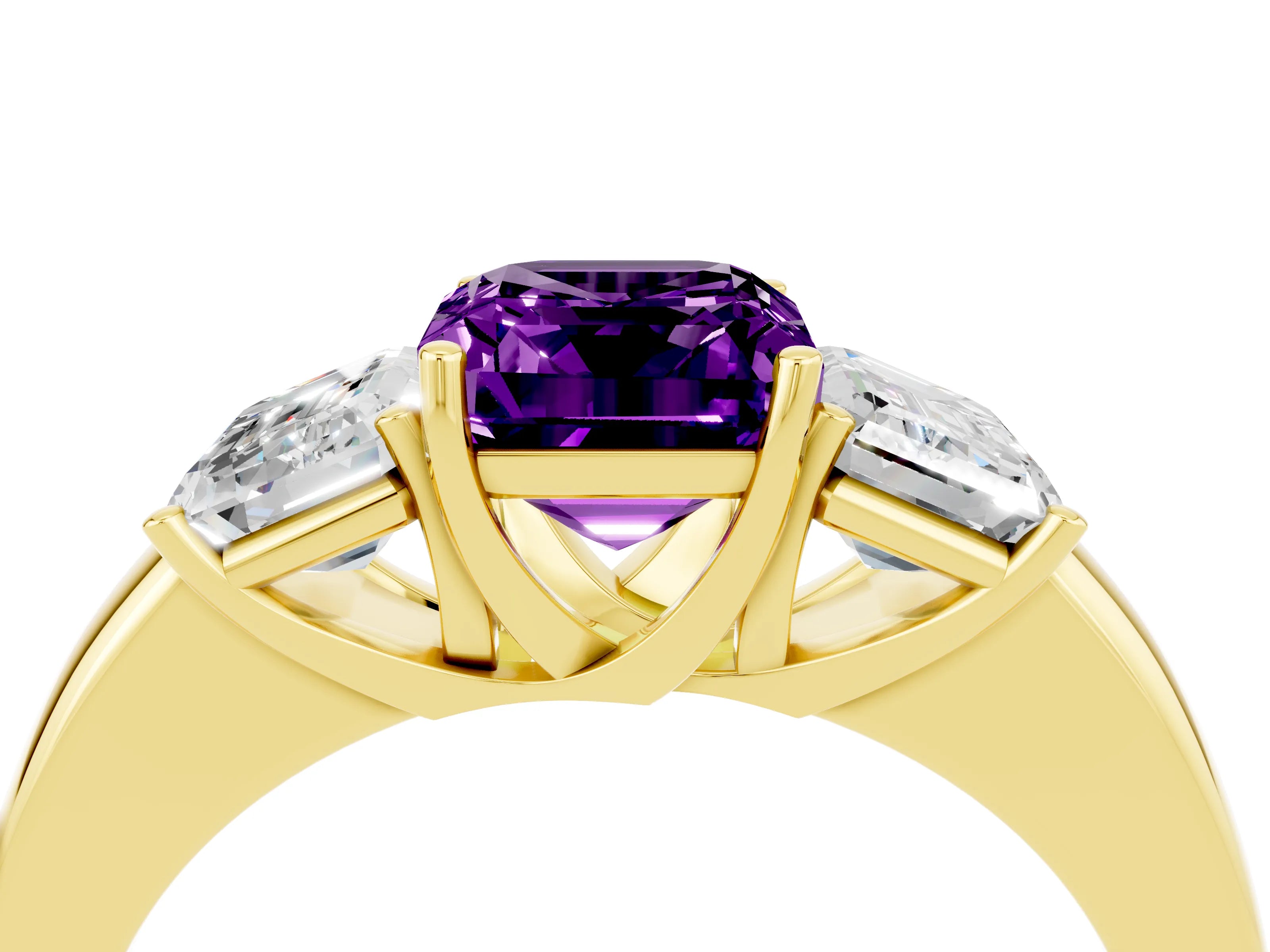Yellow gold Emerald Cut Amethyst Three-Stone Ring with Four-Prong Setting and Classic Band_4