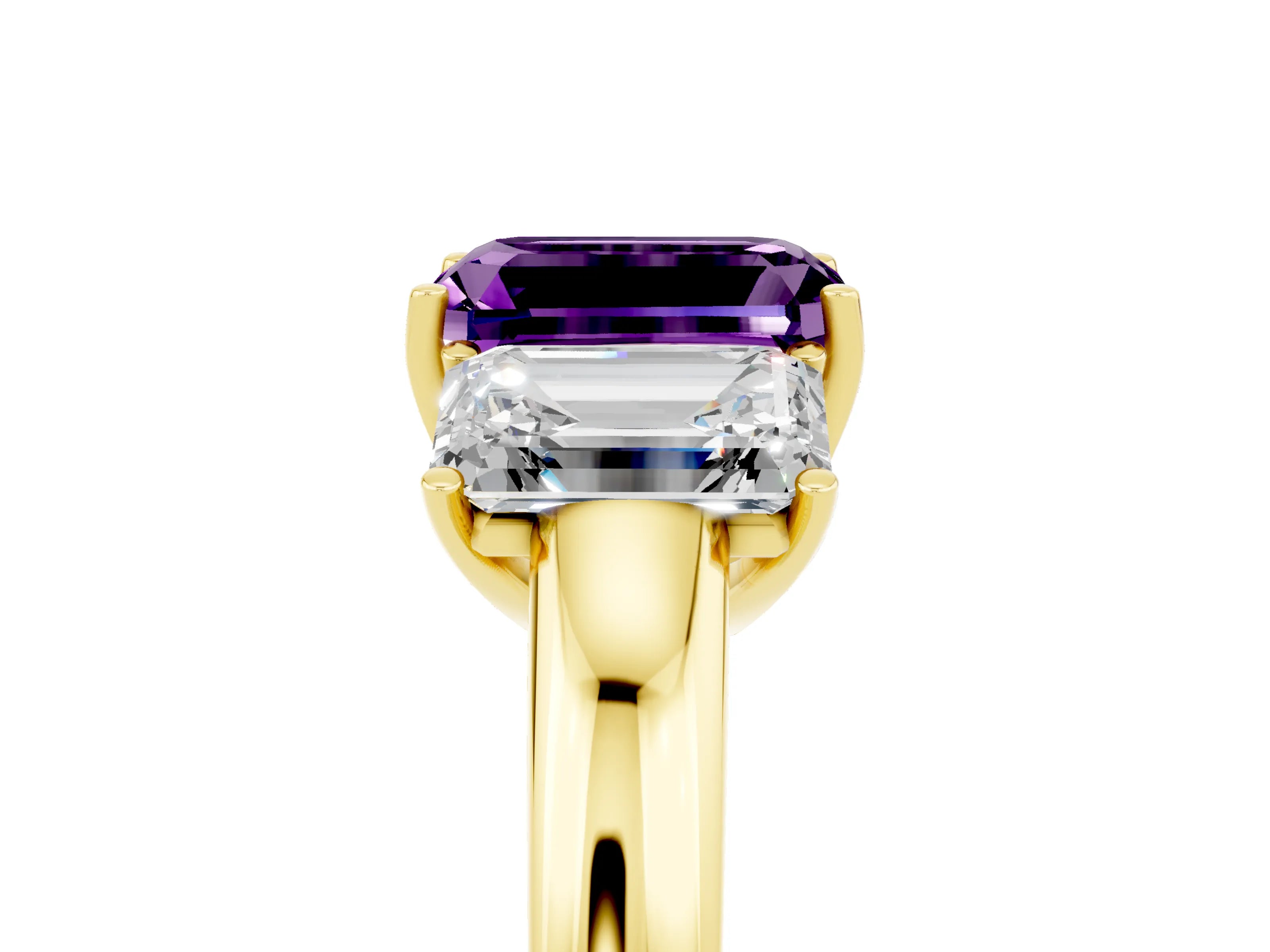 Yellow gold Emerald Cut Amethyst Three-Stone Ring with Four-Prong Setting and Classic Band_5