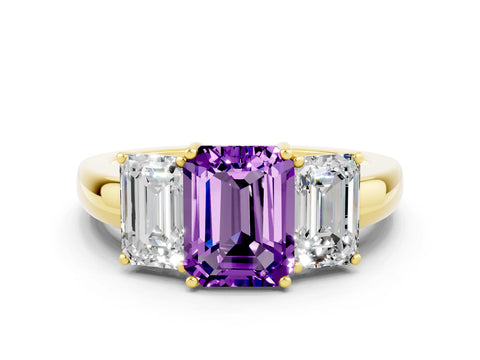 Yellow gold Emerald Cut Amethyst Three-Stone Ring with Four-Prong Setting and Classic Band
