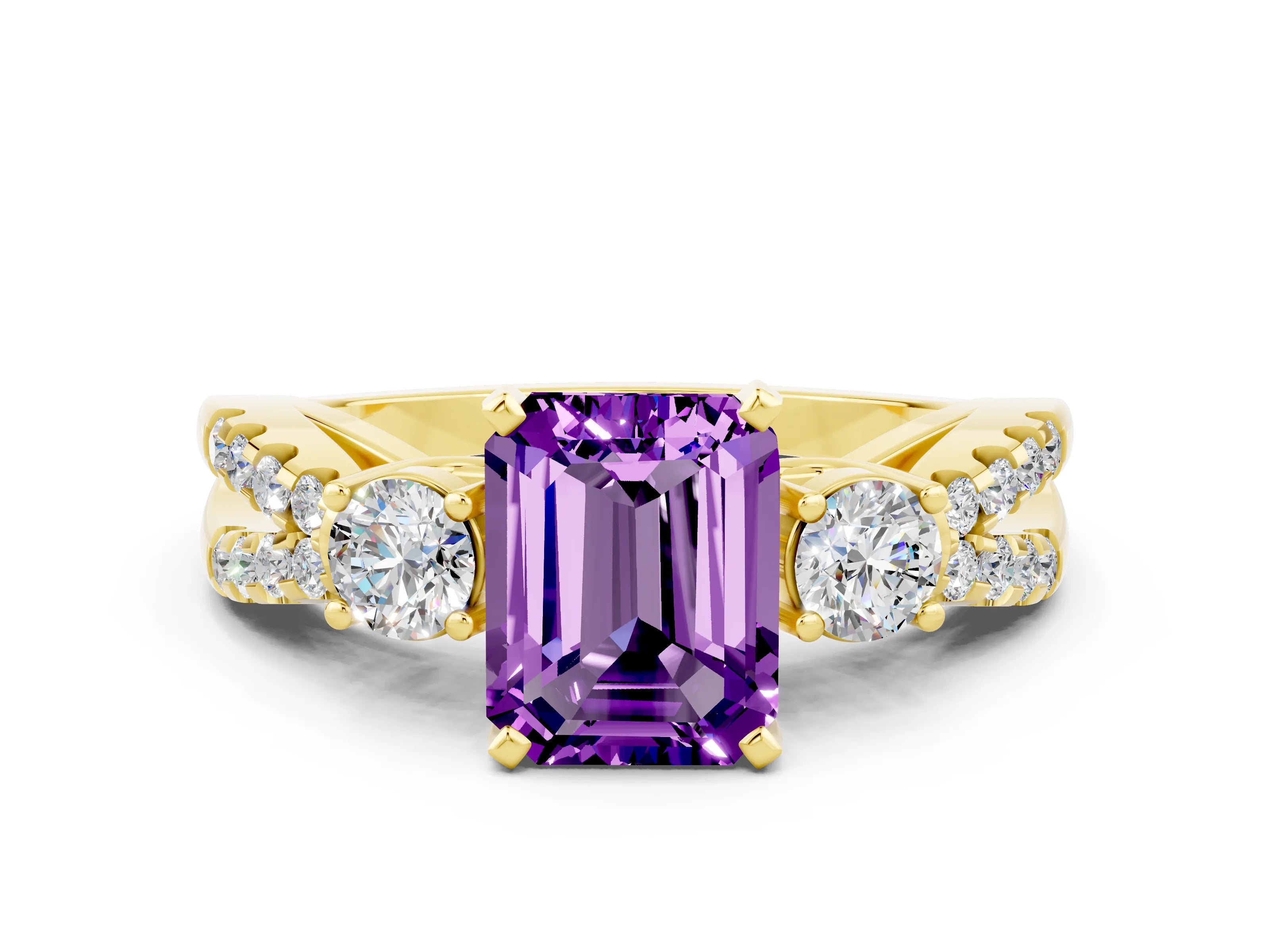 Yellow gold Emerald Cut Amethyst Three-Stone Ring with Pavé Split Shank and Four-Prong Setting