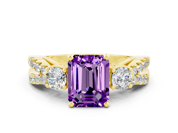 Yellow gold Emerald Cut Amethyst Three-Stone Ring with Pavé Split Shank and Four-Prong Setting
