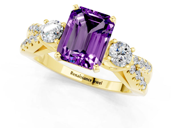 Yellow gold Emerald Cut Amethyst Three-Stone Ring with Pavé Split Shank and Four-Prong Setting