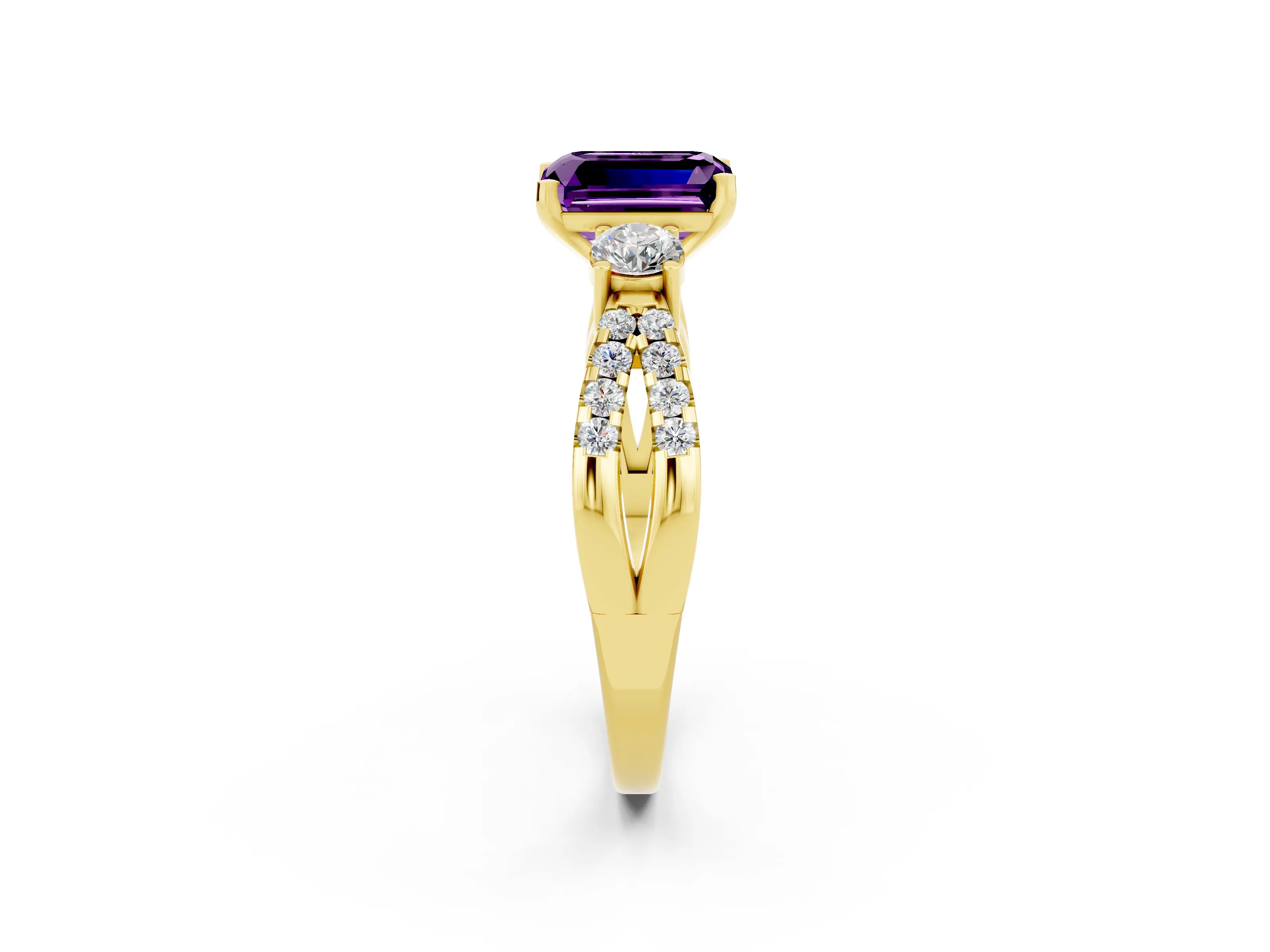 Yellow gold Emerald Cut Amethyst Three-Stone Ring with Pavé Split Shank and Four-Prong Setting_2