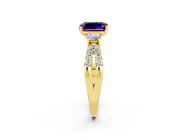 Yellow gold Emerald Cut Amethyst Three-Stone Ring with Pavé Split Shank and Four-Prong Setting