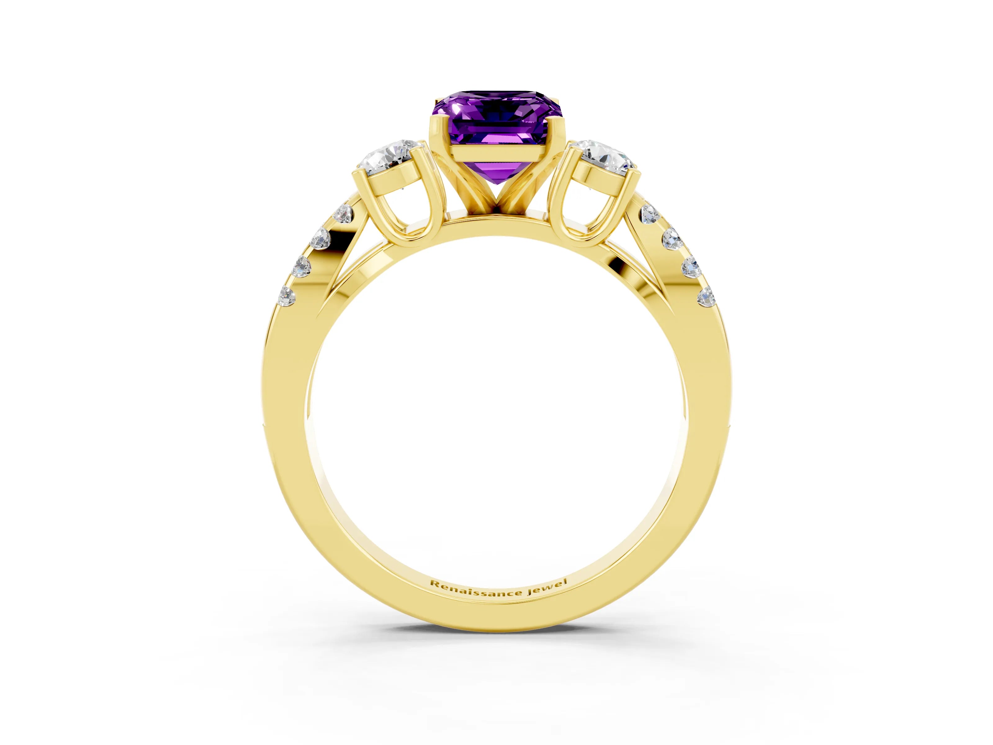 Yellow gold Emerald Cut Amethyst Three-Stone Ring with Pavé Split Shank and Four-Prong Setting_3