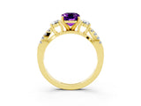 Yellow gold Emerald Cut Amethyst Three-Stone Ring with Pavé Split Shank and Four-Prong Setting_3