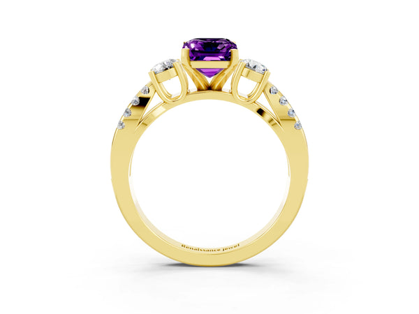 Yellow gold Emerald Cut Amethyst Three-Stone Ring with Pavé Split Shank and Four-Prong Setting
