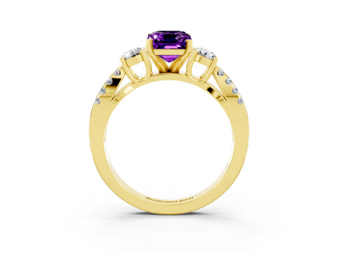 Yellow gold Emerald Cut Amethyst Three-Stone Ring with Pavé Split Shank and Four-Prong Setting_3