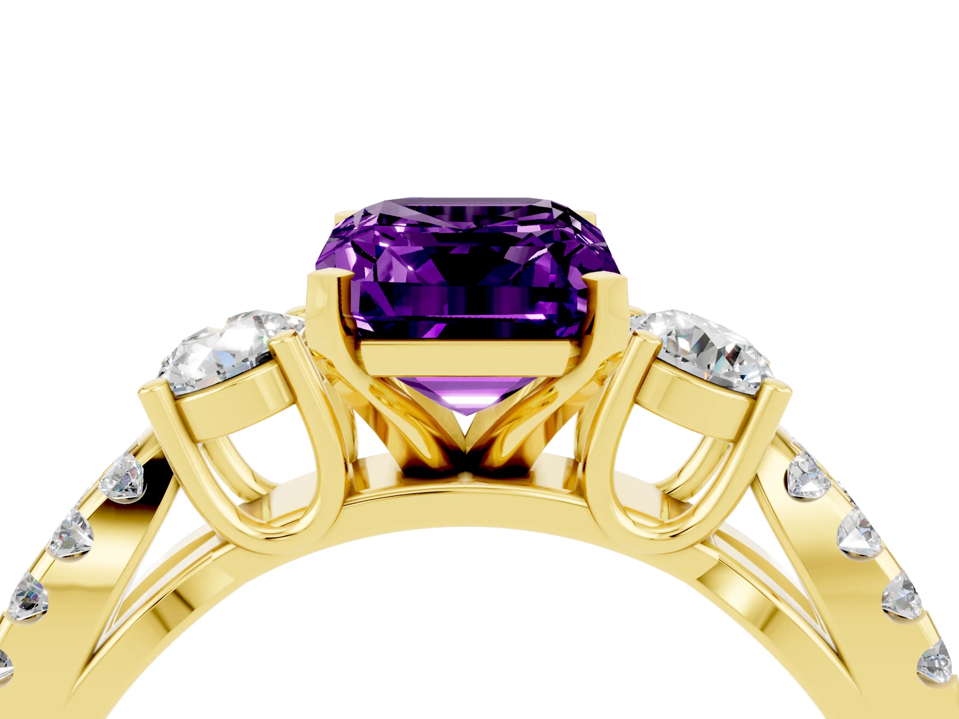 Yellow gold Emerald Cut Amethyst Three-Stone Ring with Pavé Split Shank and Four-Prong Setting_4