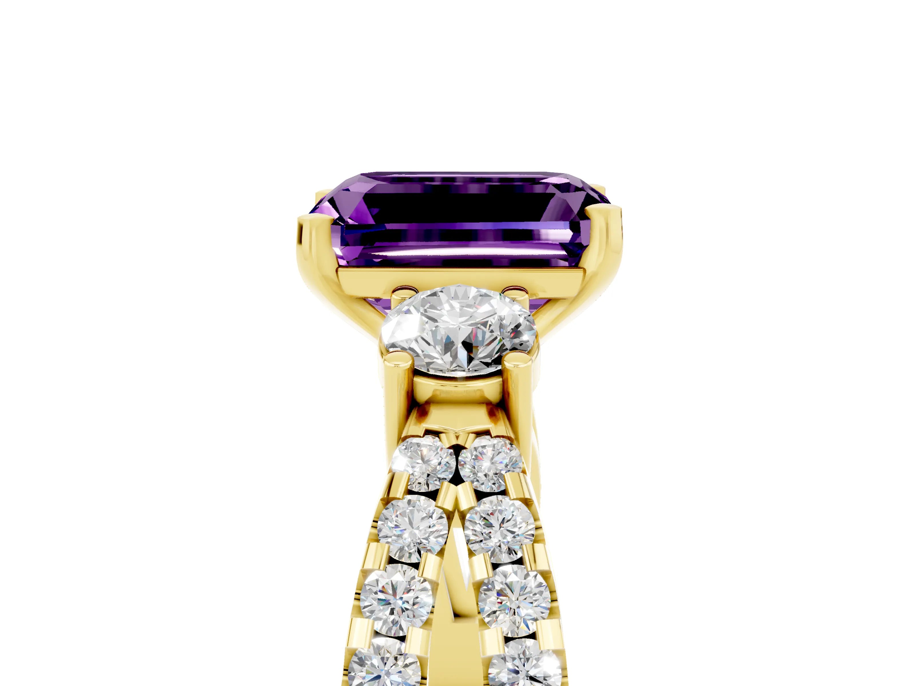 Yellow gold Emerald Cut Amethyst Three-Stone Ring with Pavé Split Shank and Four-Prong Setting_5