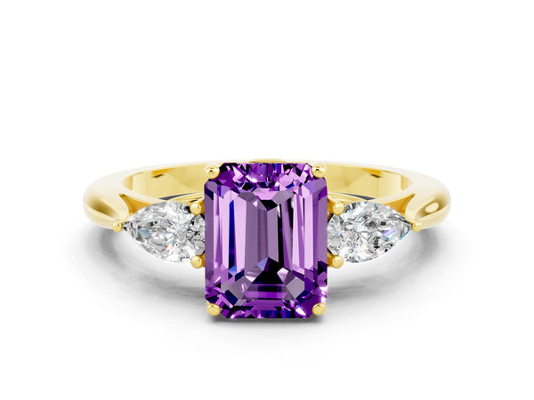 Yellow gold Emerald Cut Amethyst Three-Stone Ring with Pear  Side Stones and Prong Setting