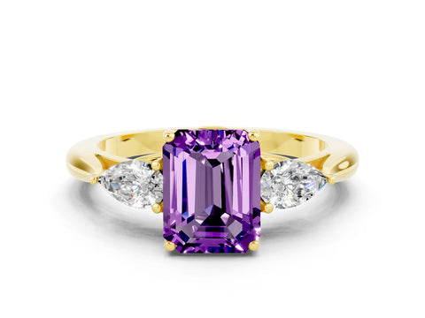 Yellow gold Emerald Cut Amethyst Three-Stone Ring with Pear Side Stones and Four-Prong Setting_12