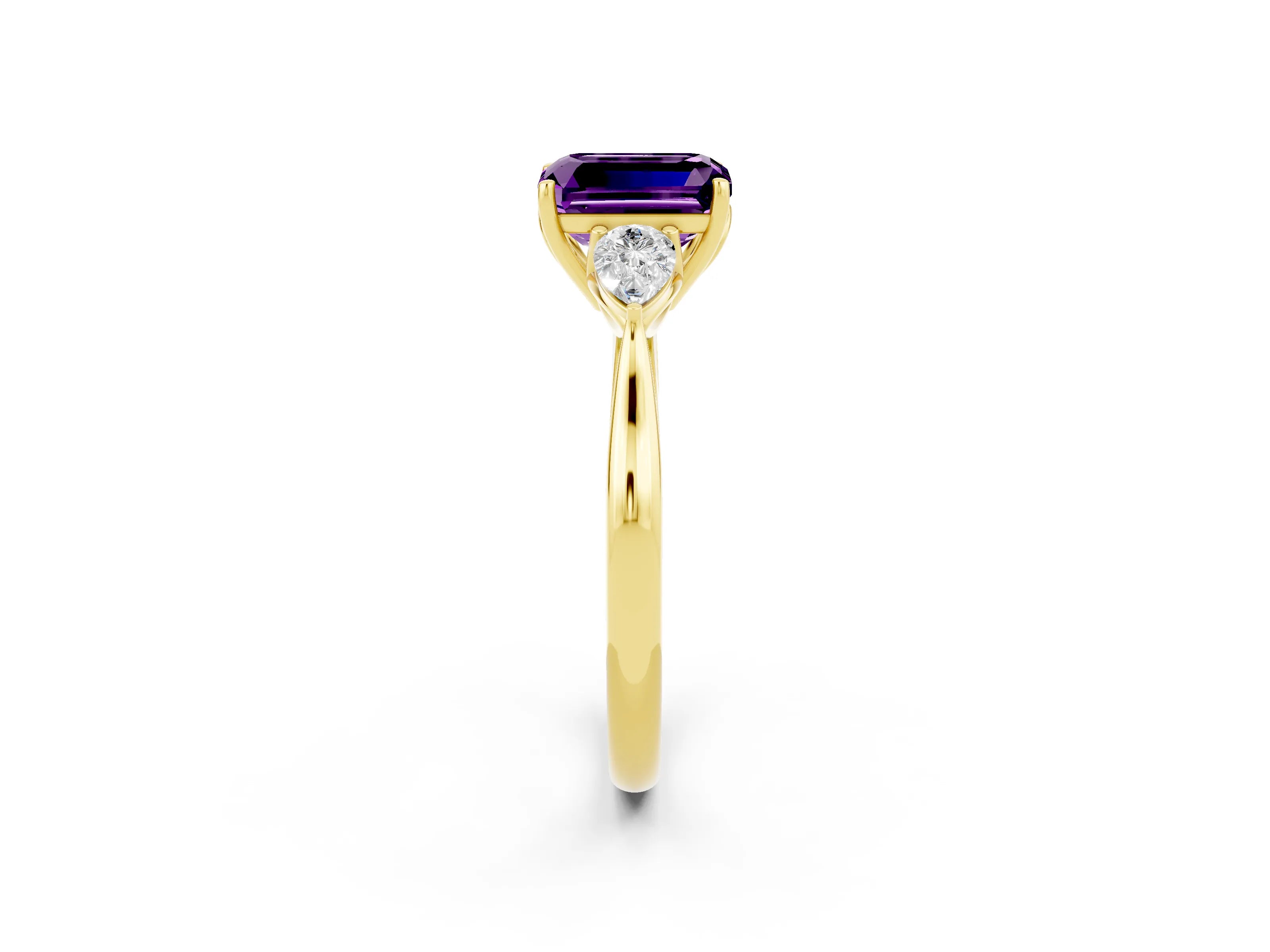 Yellow gold Emerald Cut Amethyst Three-Stone Ring with Pear Side Stones and Four-Prong Setting_14