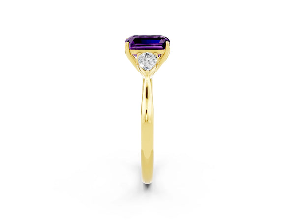 Yellow gold Emerald Cut Amethyst Three-Stone Ring with Pear  Side Stones and Prong Setting