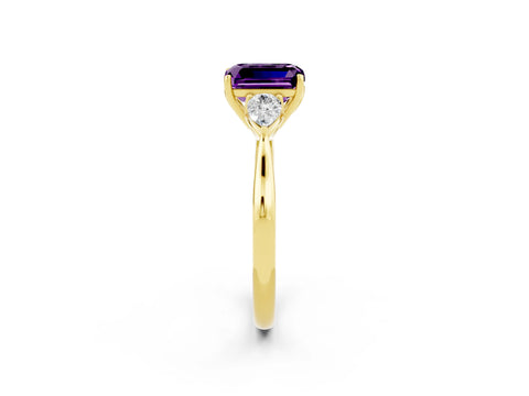 Yellow gold Emerald Cut Amethyst Three-Stone Ring with Pear Side Stones and Four-Prong Setting_14