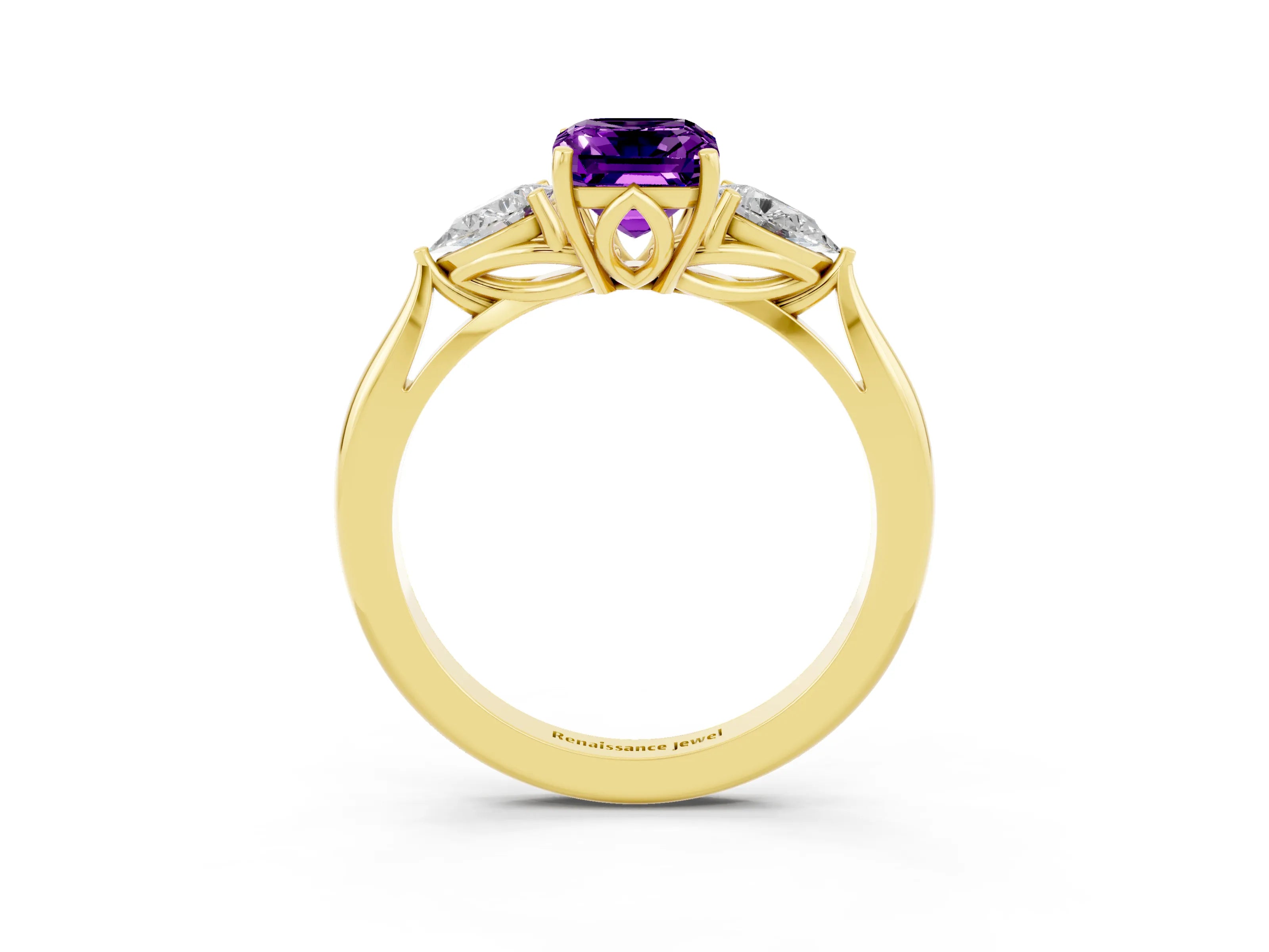 Yellow gold Emerald Cut Amethyst Three-Stone Ring with Pear Side Stones and Four-Prong Setting_15
