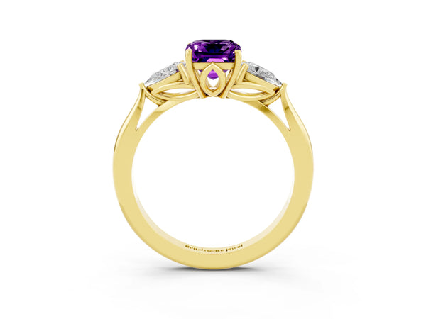Yellow gold Emerald Cut Amethyst Three-Stone Ring with Pear  Side Stones and Prong Setting